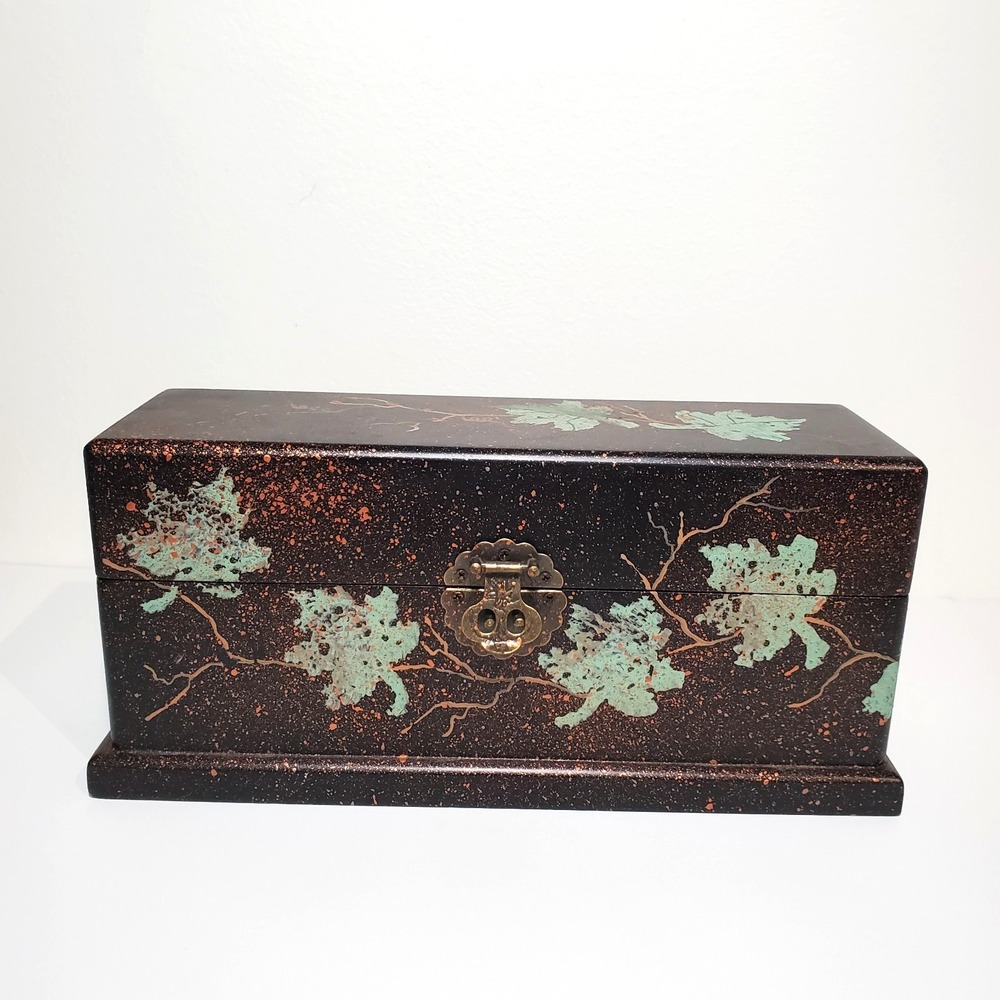 Jewelry Box Handpainted with leaf motif Fall Foliage Gold Green Black